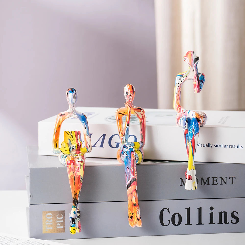 Abstract Thinker Figurine Set of 3, Colorful Modern Resin Sculpture for Bookshelf Decor & Office Desk, Unique Home Art Statue