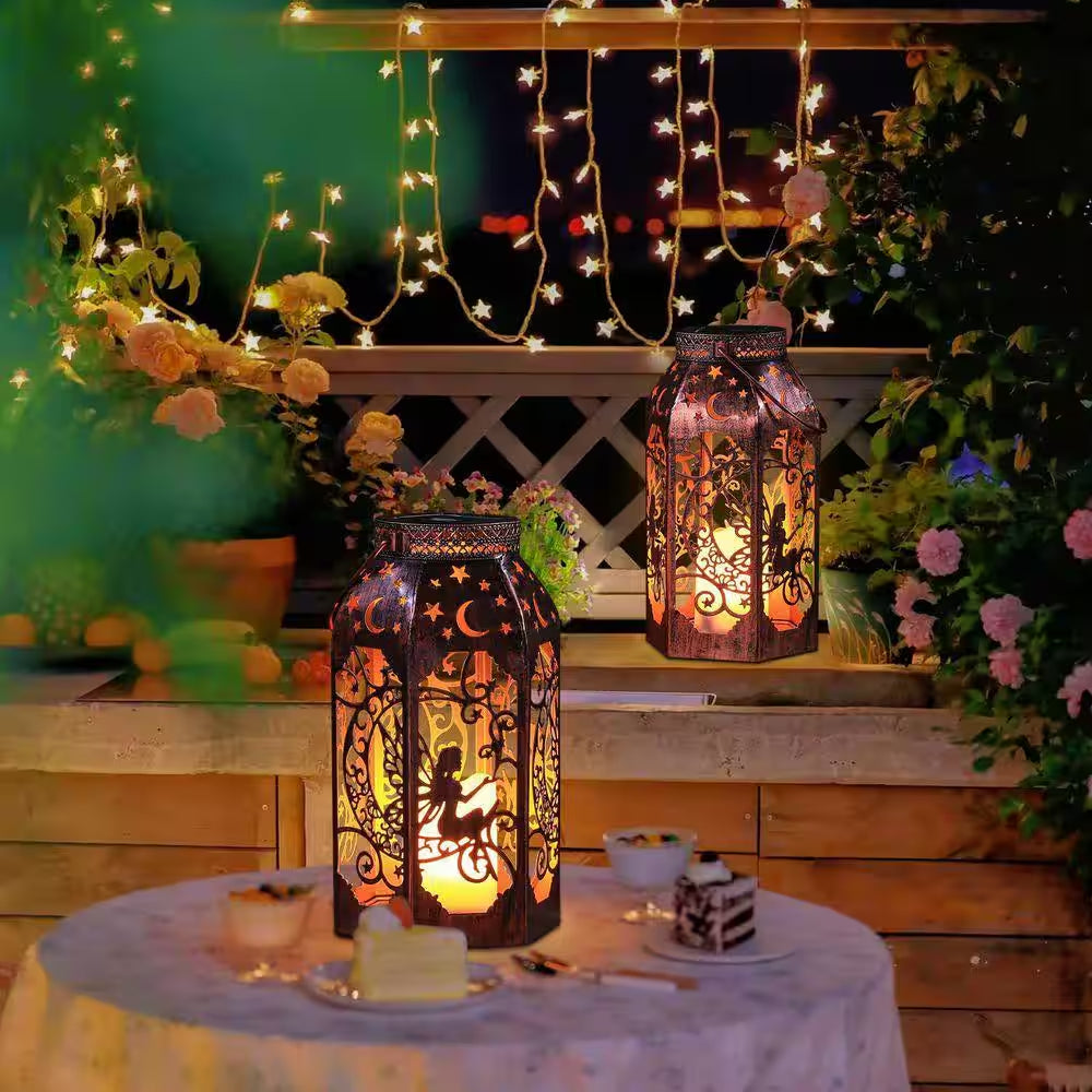 LED Metal Bronze Moon Fairy Lantern Garden Stake, Waterproof Flickering Flameless Candle Mission Lights (2-Pack)
