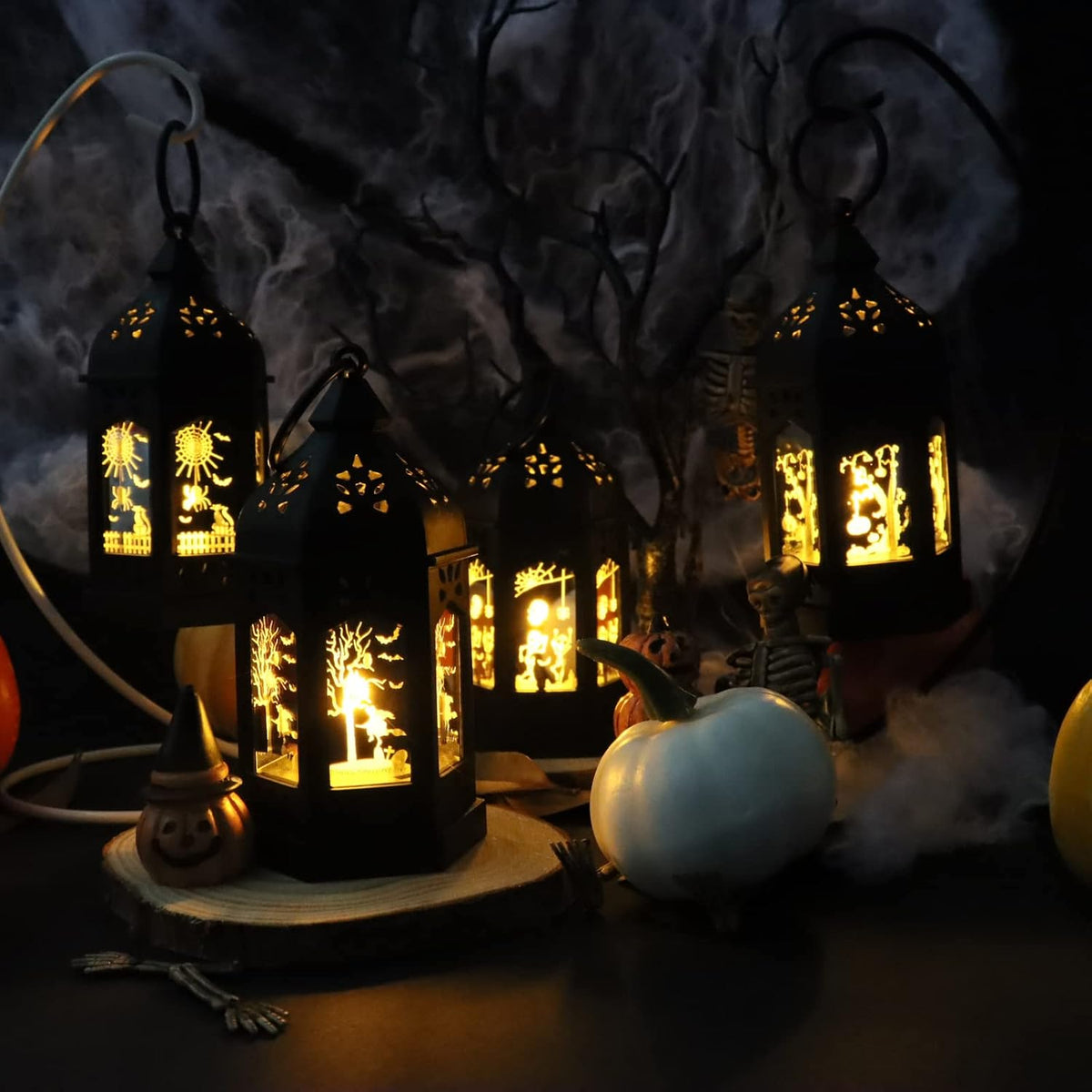 Halloween Mini Lantern for Centerpiece, 5"Small Jack O Lantern Lights with Mirror Glass for Halloween Decorations Indoor, Centerpiece Table Decoration, 8Pcs Hanging Candle Holder, Battery Included