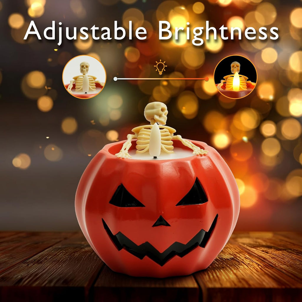 Halloween Flameless Pumpkin Candles, 2Pcs LED Real Wax Pumpkin Lamp with Skeleton, Flickering Battery Operated Candles with Remote for Halloween Decor, Theme Party, Holiday Gift, Orange