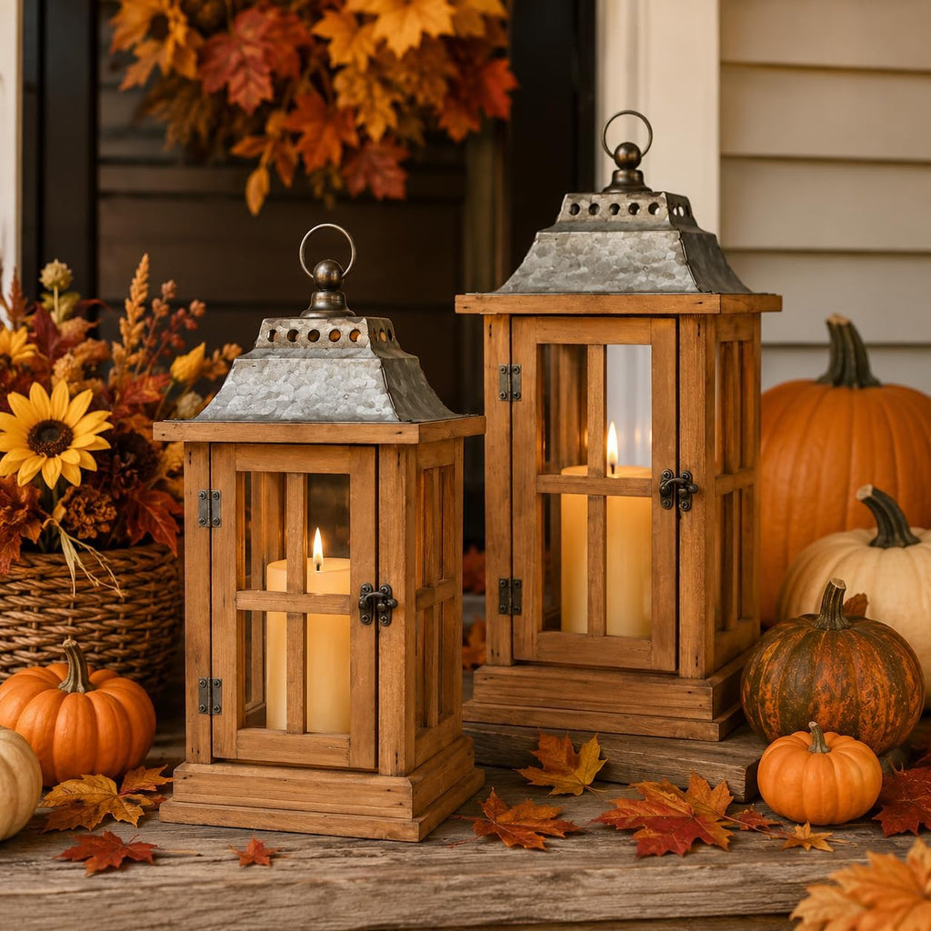 15 Inch Outdoor Decorative Lanterns, Set of 2 Wooden Candle Lanterns