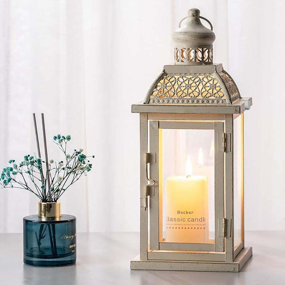 14.4" Lanterns Decorations Indoor, Hanging Candle Lantern Outdoor, Vintage Large Lantern Decor with Clear Glass, Metal Candle Holder for Home, Table, Patio, Rustic Farmhouse Wedding, Christmas