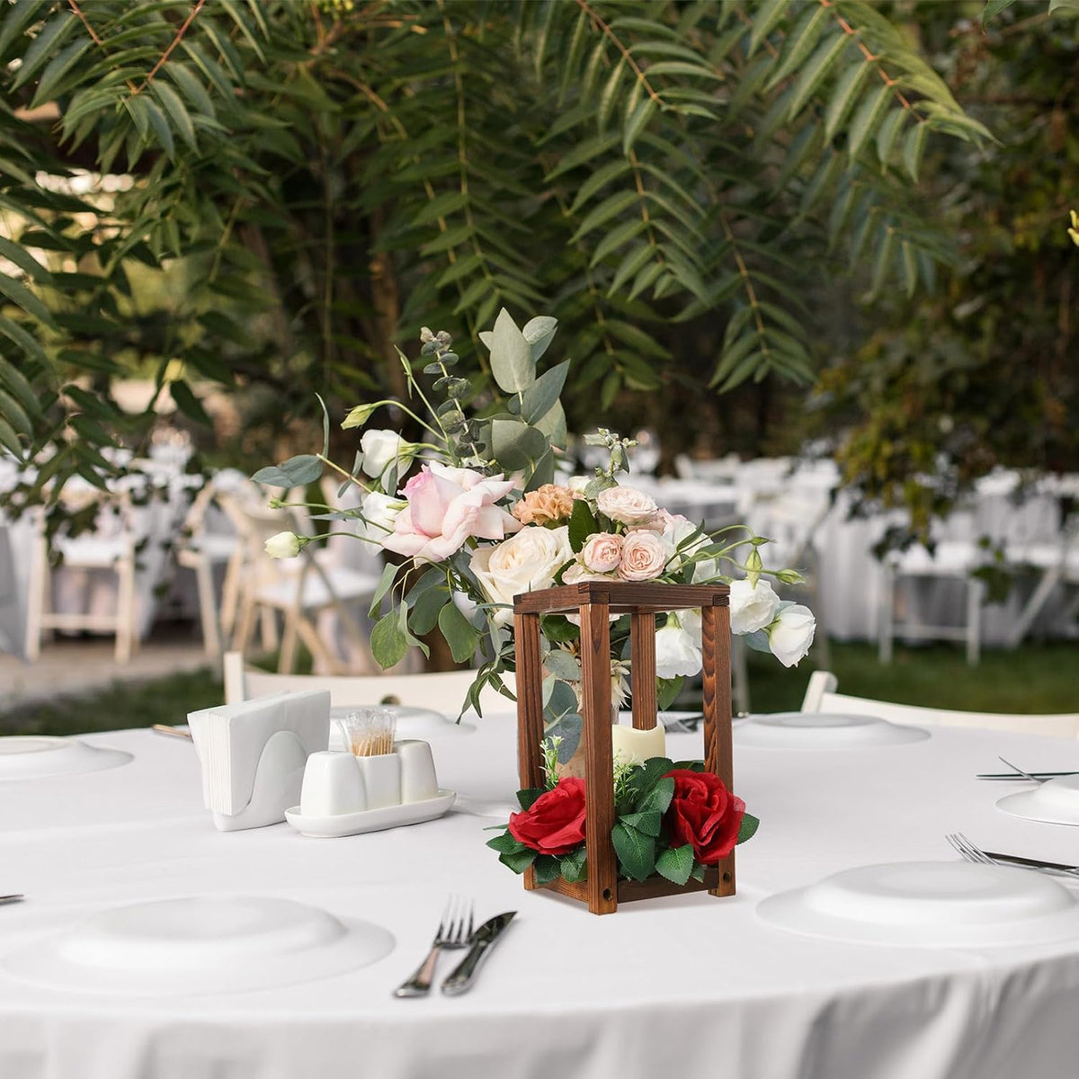 30 Pcs Wooden Wedding Lantern Centerpiece, Red Rose, Brown