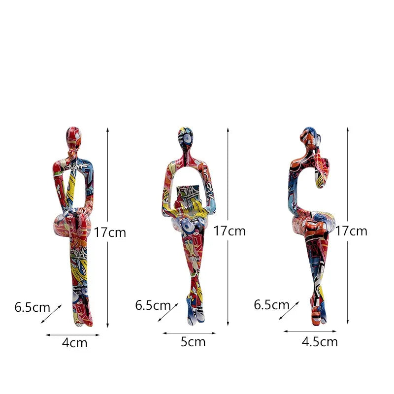 Abstract Thinker Figurine Set of 3, Colorful Modern Resin Sculpture for Bookshelf Decor & Office Desk, Unique Home Art Statue