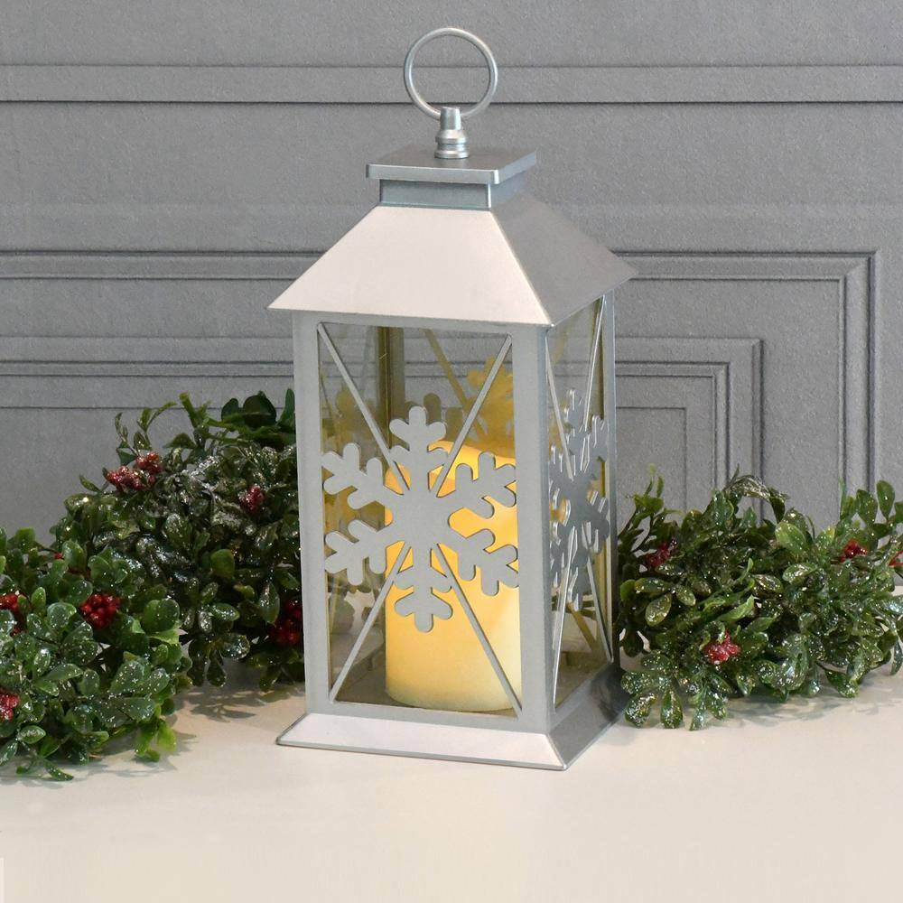 5.5 In. X 13 In. Silver Plastic Snowflake Lantern with LED Candle