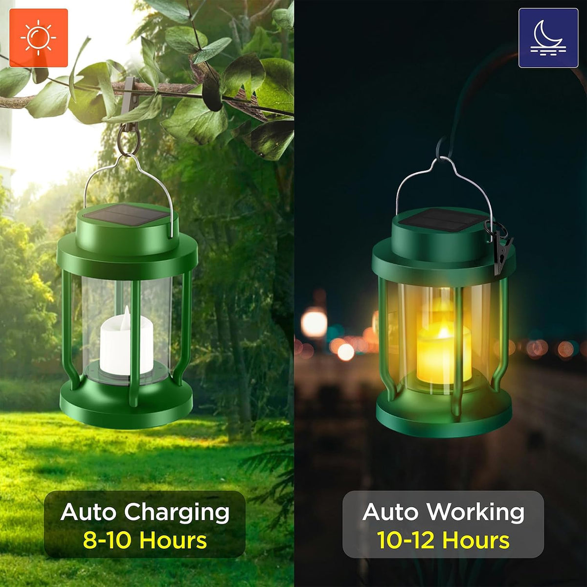 Solar Lantern Outdoor & Indoor Use – Hanging Solar Lights with Realistic Flickering Flameless Candle, Weatherproof for Gardens, Patios, Trees, and Lawns (Green, 2 Pack)