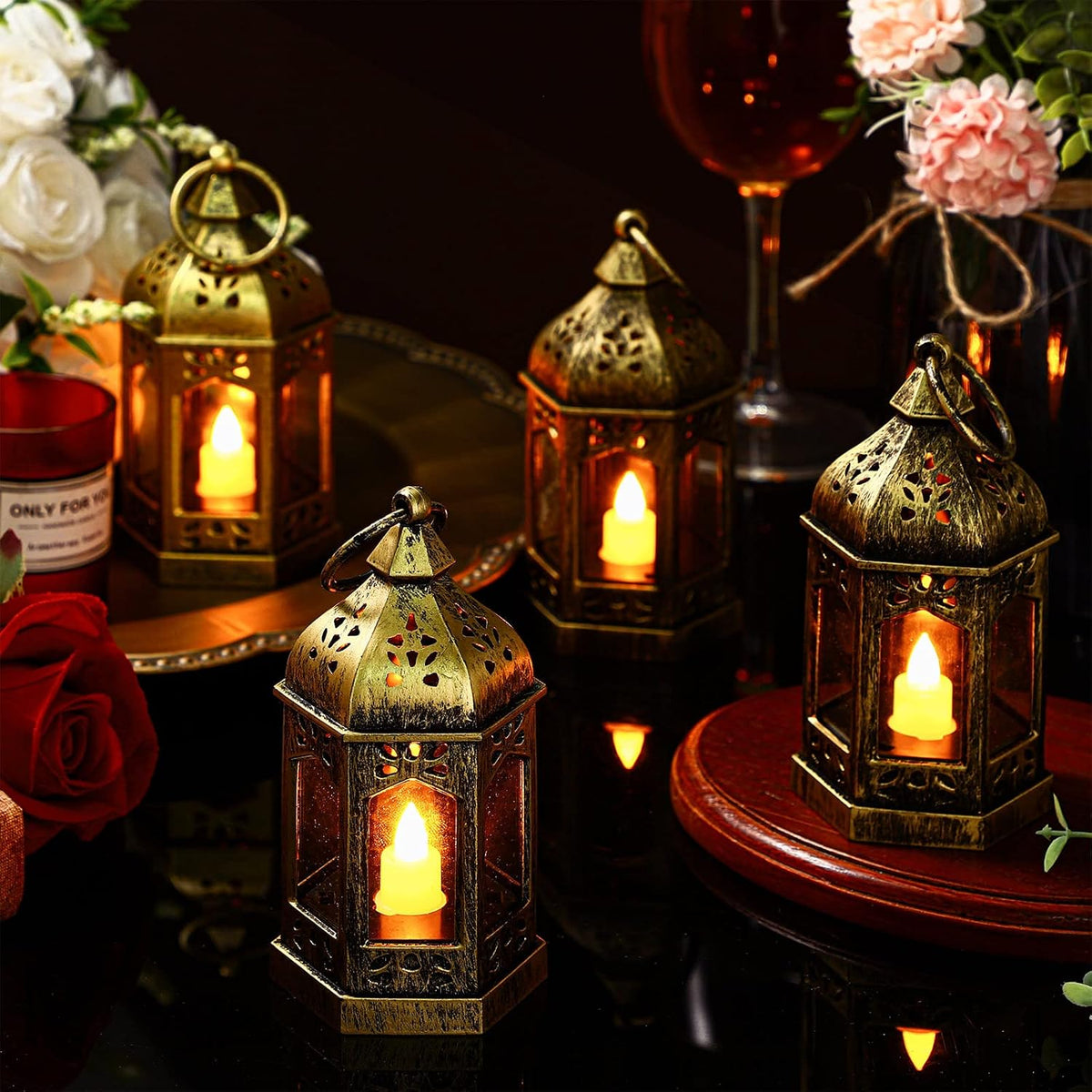 24 Pcs Mini Halloween Lantern Centerpiece with LED Candle,Gold