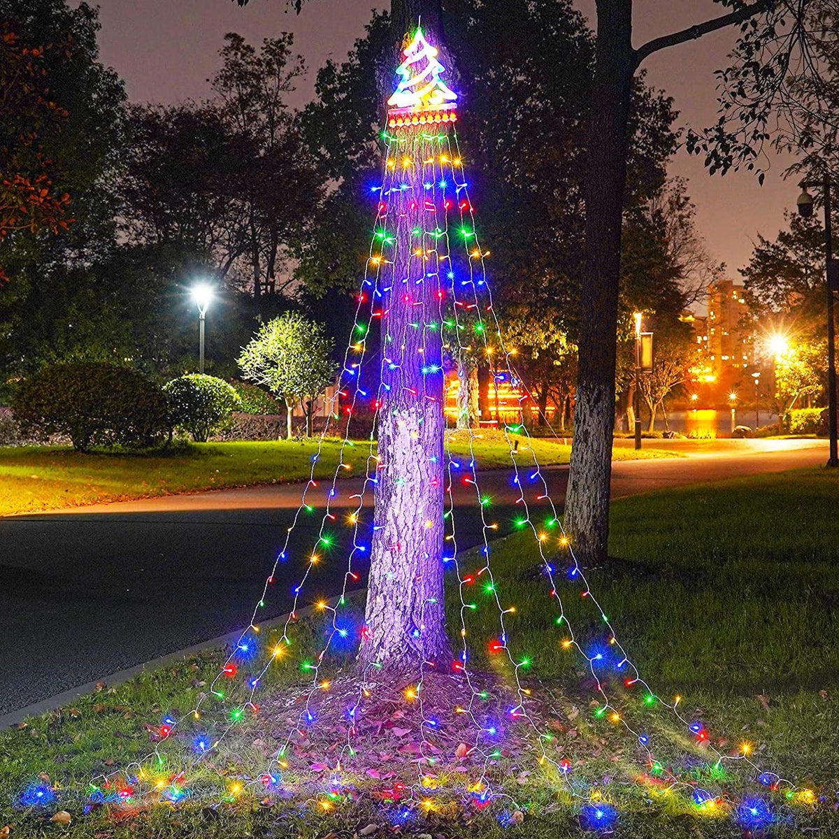 12Ft 350 LED Waterfall Christmas Lights Outdoor Decoration Twinkle Solar Christmas Tree String Lights with Top Star Xmas Holiday Garden Yard Decoration, Multicolor
