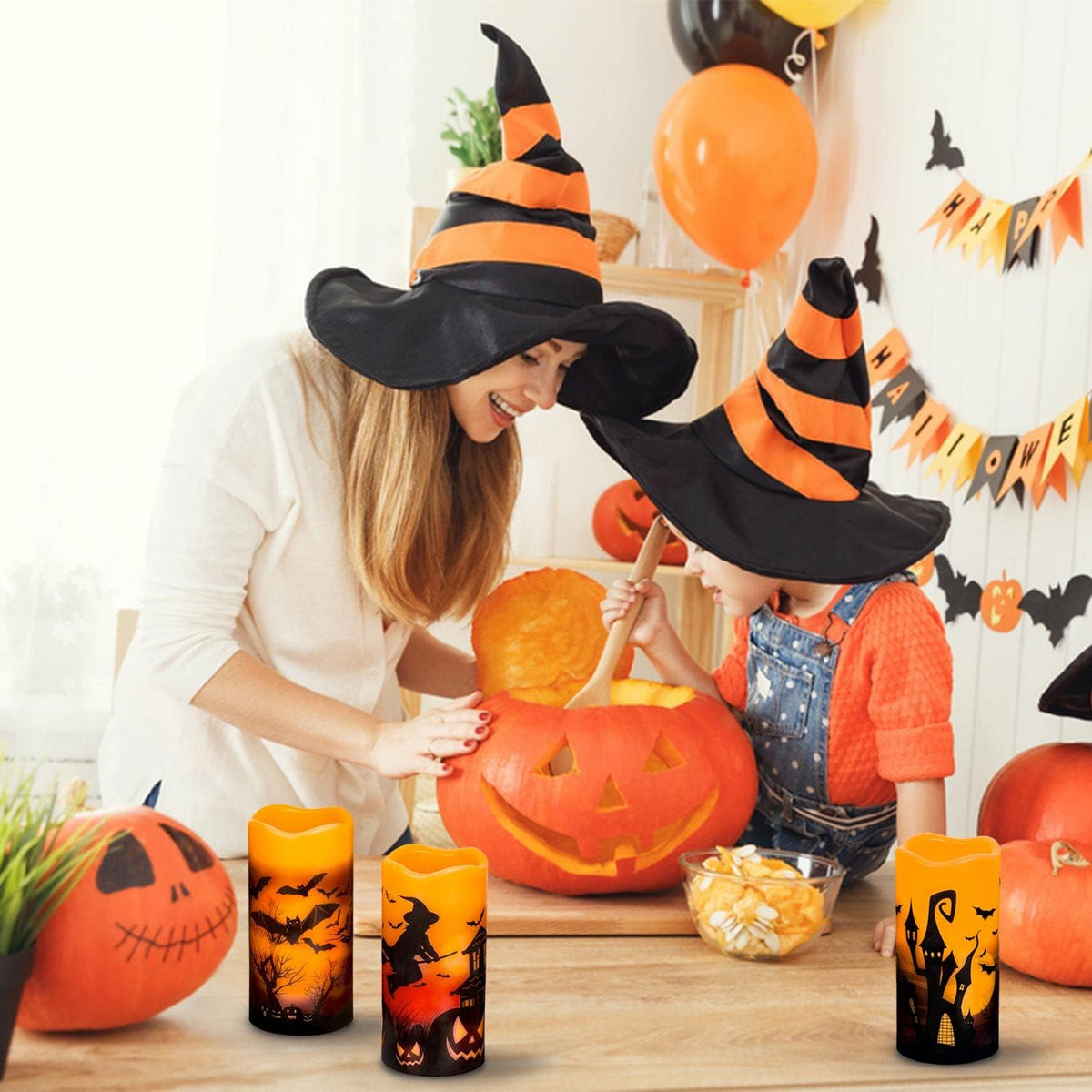 3 PCS Battery Operated Flameless Flickering Candles with 6 Hour Timer, Real Wax Electric LED Halloween Fake Pillar Candles with Castle, Witch, Bats for Indoor Kids Halloween Thanksgiving Decor