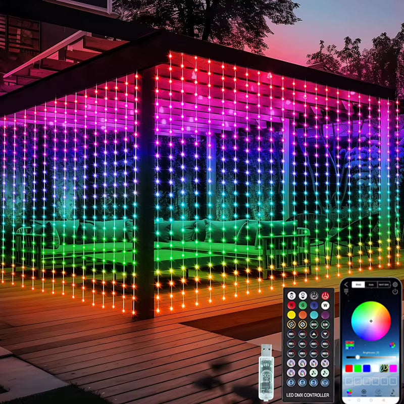 Smart LED Curtain Lights, 3Mx3M 300Leds USB String Lights with Bluetooth App Timer ,Music Sync Christmas Curtain String Outdoor