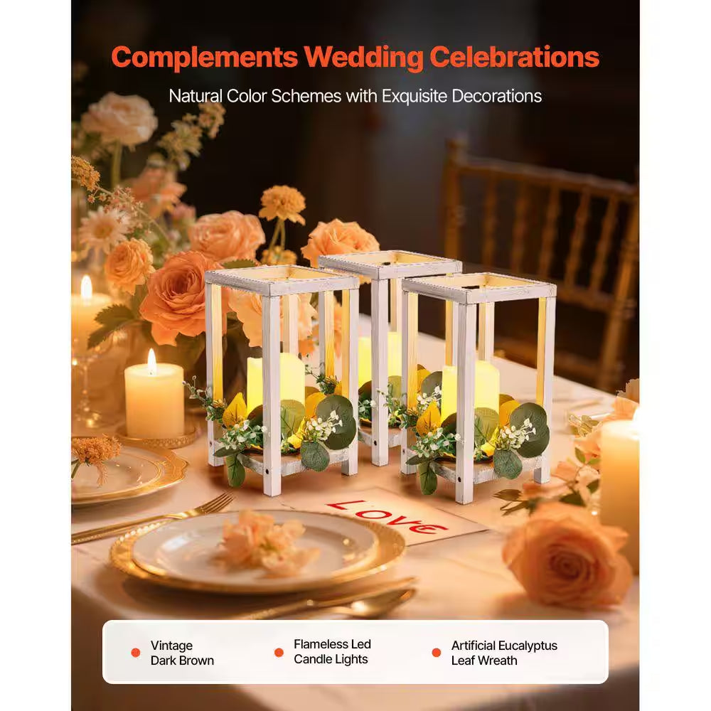 White Wooden Wedding Lantern Centerpiece, Includes 12-Wooden Lantern Candle Holder 12-Flameless LED Candle, 12Set/36Pcs