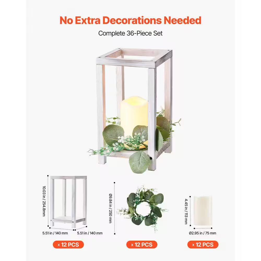 White Wooden Wedding Lantern Centerpiece, Includes 12-Wooden Lantern Candle Holder 12-Flameless LED Candle, 12Set/36Pcs