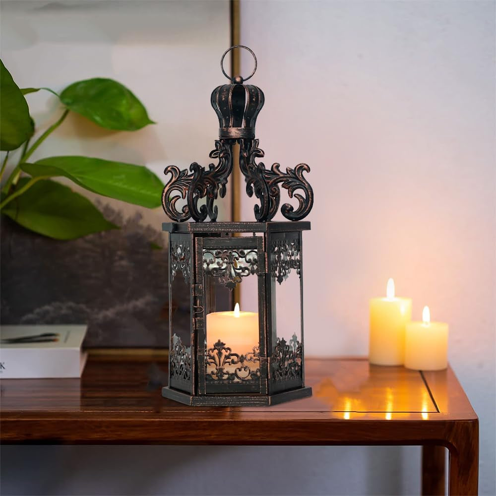Large Lanterns Decorative Outdoor, 17.7" Black Lanterns Decor Indoor with Tempered Clear Glass, Vintage Metal Hanging Candle Holder for Patio, Front Porch, Table, Wedding, Shelf