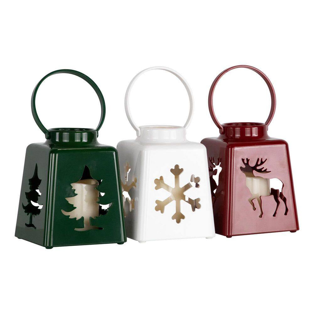 LED Lighted Tree Snowflake and Reindeer Christmas Candle Lanterns-8"-Set of 3