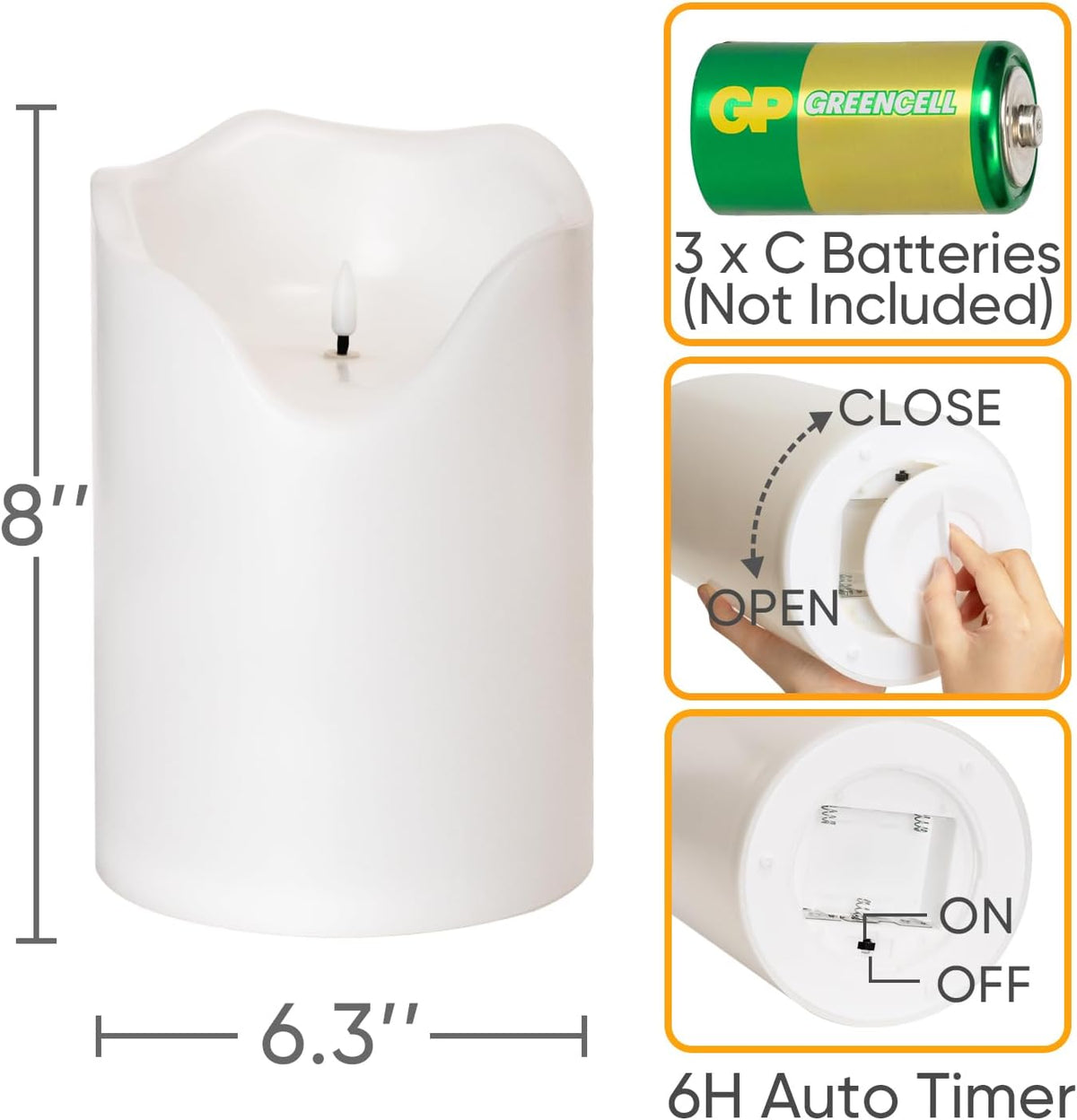 6.3"X8" Extra Large Outdoor Waterproof Candle with Auto 6H Timer