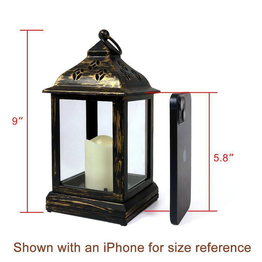 9.5 In. Vintage Decorative Candle Lantern with LED Flickering Flameless Candle, Indoor Hanging Lanterns, Bronze (2-Pack)