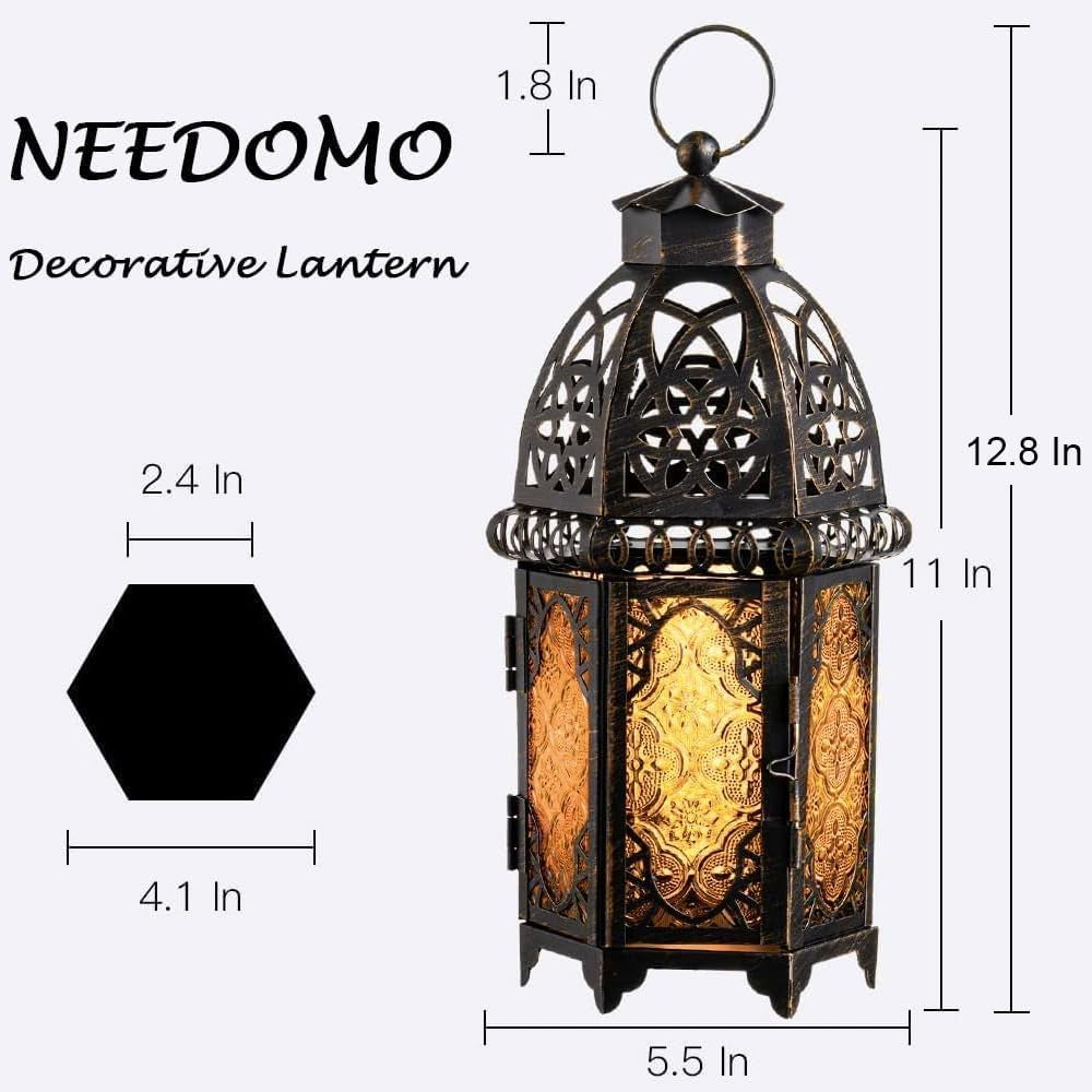 12.8'' Moroccan Lanterns Decorative Indoor & Outdoor, Vintage Christmas Candle Holder, Metal Lanterns Decorative, Table, Patio, Porch, Shelf, Christmas Spring Halloween Home Decor (Amber)