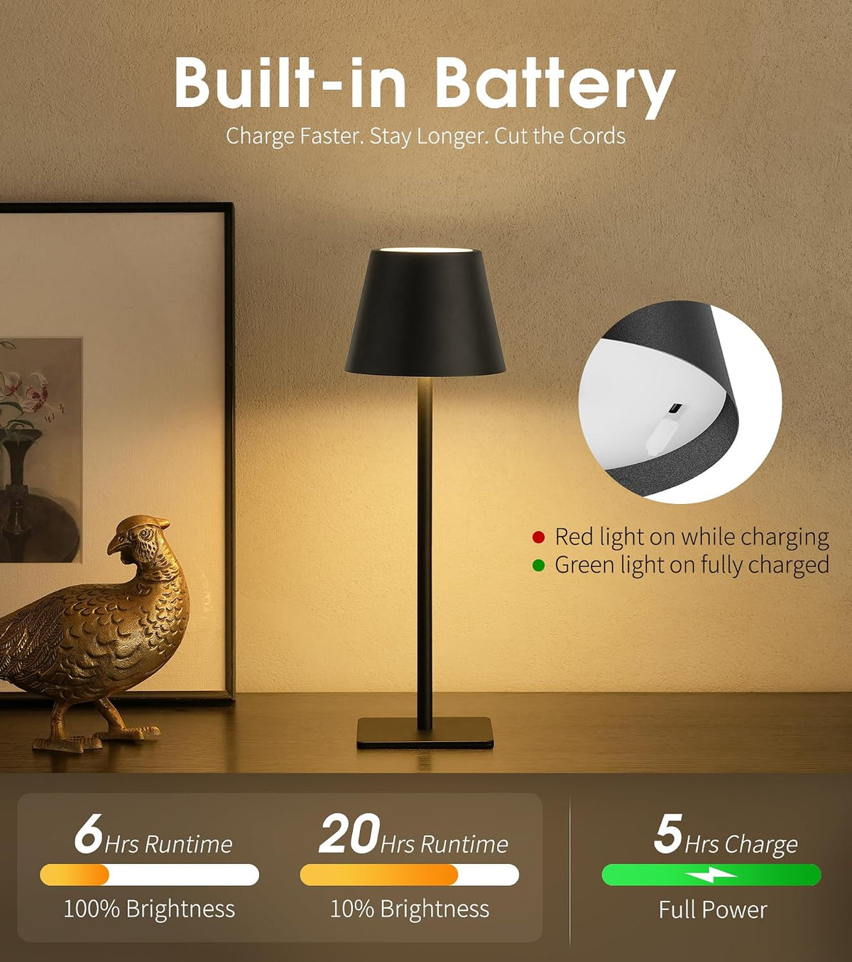 3 Pack Cordless Table Lamp, Battery Operated Lamp - Portable Waterproof Rechargeable Table Lamp W/ 3 Color Temps & Stepless Dimming for Dinner, Desk, Cafe, Outdoor (Black)