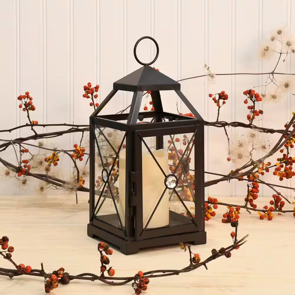5.25 in X 12 In. Black Gem Metal Lantern with LED Candle