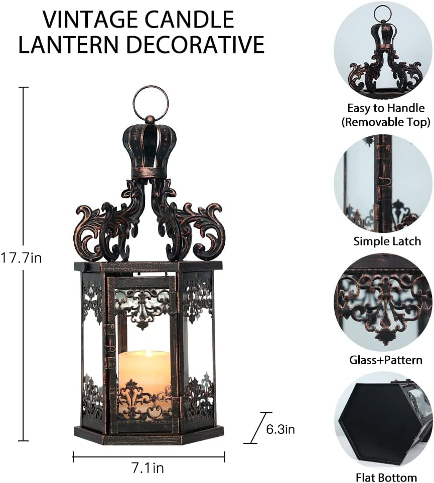 Large Lanterns Decorative Outdoor, 17.7" Black Lanterns Decor Indoor with Tempered Clear Glass, Vintage Metal Hanging Candle Holder for Patio, Front Porch, Table, Wedding, Shelf