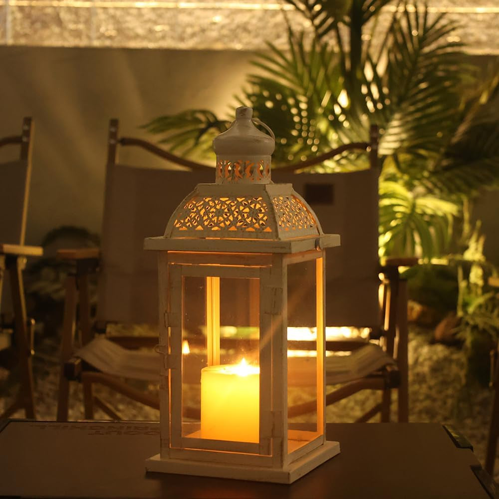 14.4" Lanterns Decorations Indoor, Hanging Candle Lantern Outdoor, Vintage Large Lantern Decor with Clear Glass, Metal Candle Holder for Home, Table, Patio, Rustic Farmhouse Wedding, Christmas