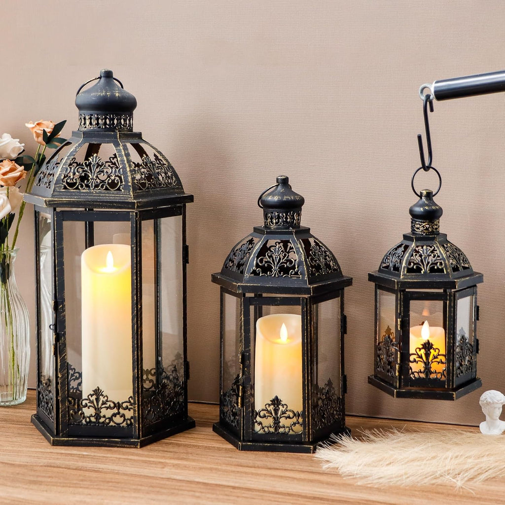 Set of 3 Black & Gold Metal Candle Lanterns, 19/13.5/9.5 in Decorative Hanging Lantern Candle Holders with Tempered Glass Forporch, Patio, Wedding & Home Decor(Black with Gold Brush)
