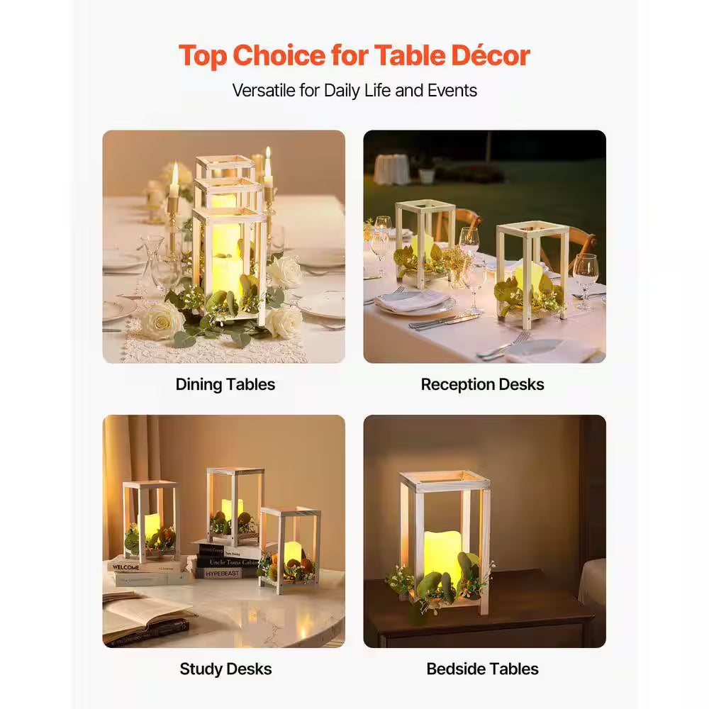 White Wooden Wedding Lantern Centerpiece, Includes 12-Wooden Lantern Candle Holder 12-Flameless LED Candle, 12Set/36Pcs