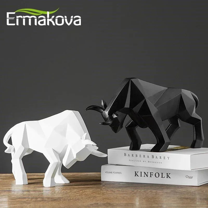 Geometric Resin Bull Statue Bison Sculpture Decoration Abstract Animal Figurine Room Desk Home Decoration Gift