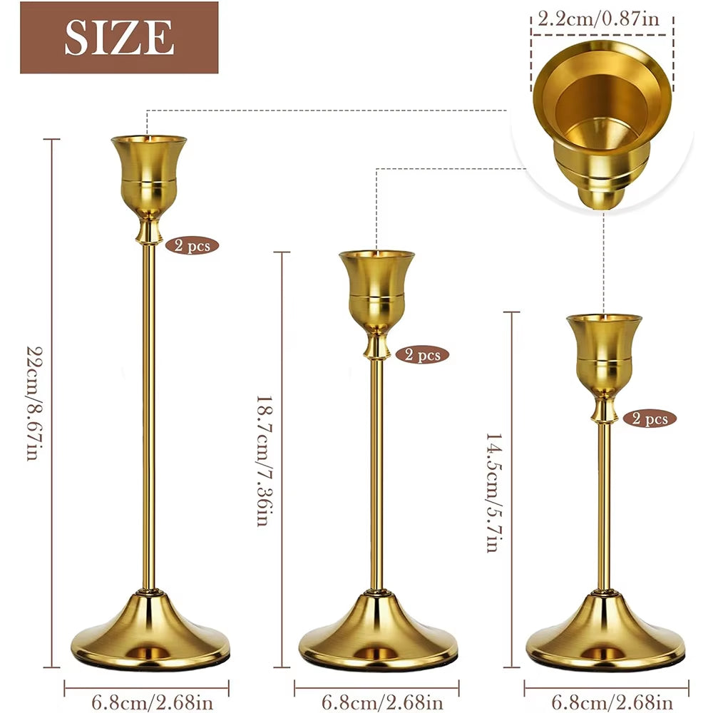 Set of 6 Gold Weighted Metal Taper Candlestick Holders Vintage Christmas Brass Home Decor for Table Mantel Room Decorations Hous