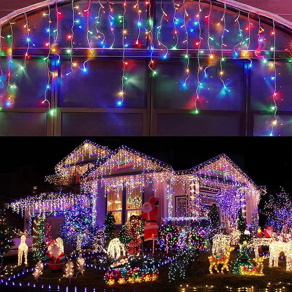 LED Solar Lcicle String Lights Outdoor Curtain Fairy Lights 8 Modes Christmas Landscape Lights Party Garden Decoration Light