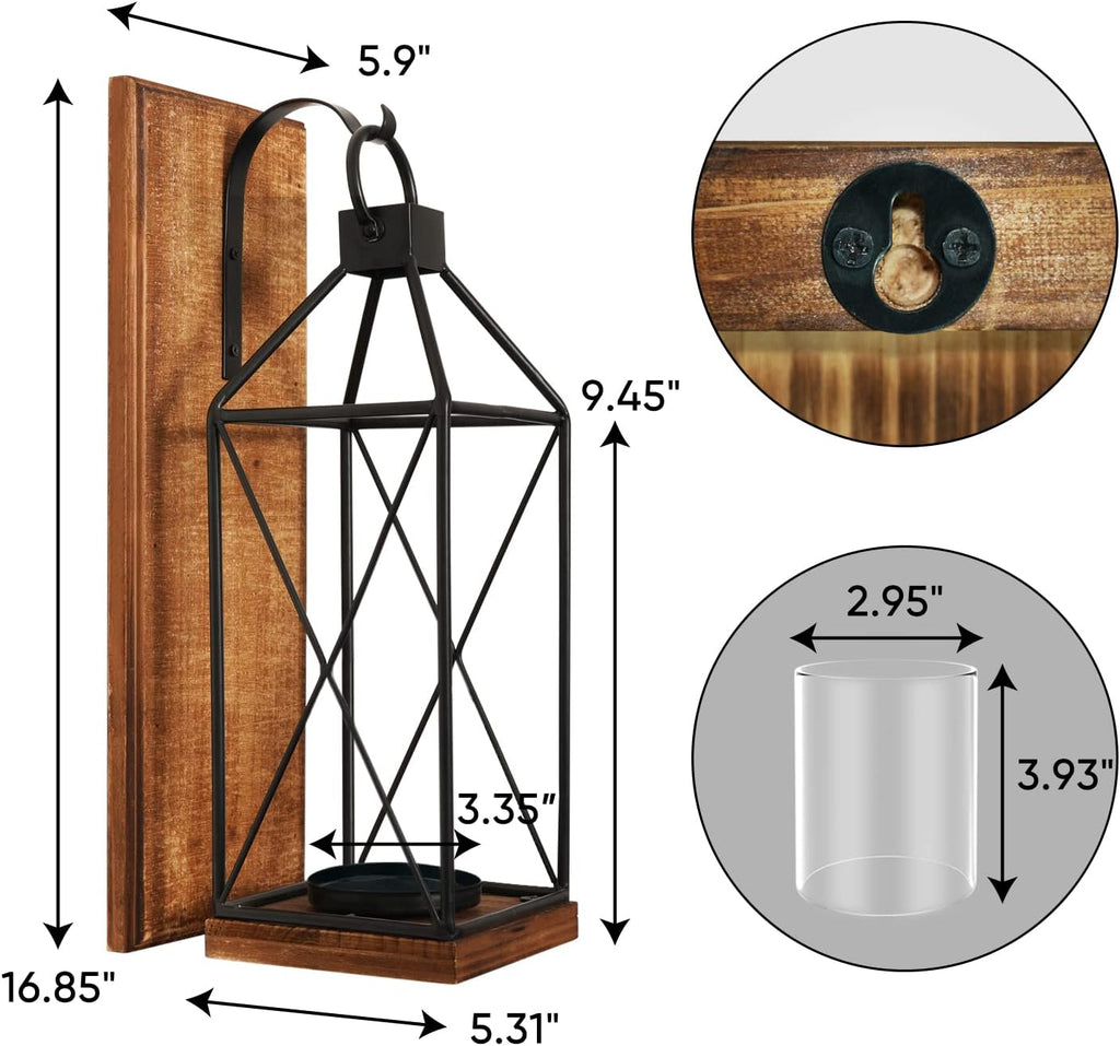 Wall Candle Sconces Set of 1, Rustic Wood Holders with Glass Decor