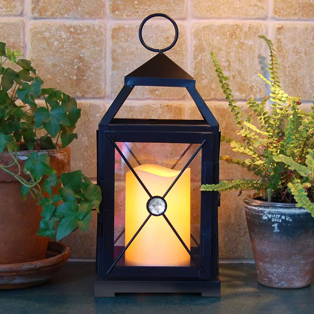 5.25 in X 12 In. Black Gem Metal Lantern with LED Candle