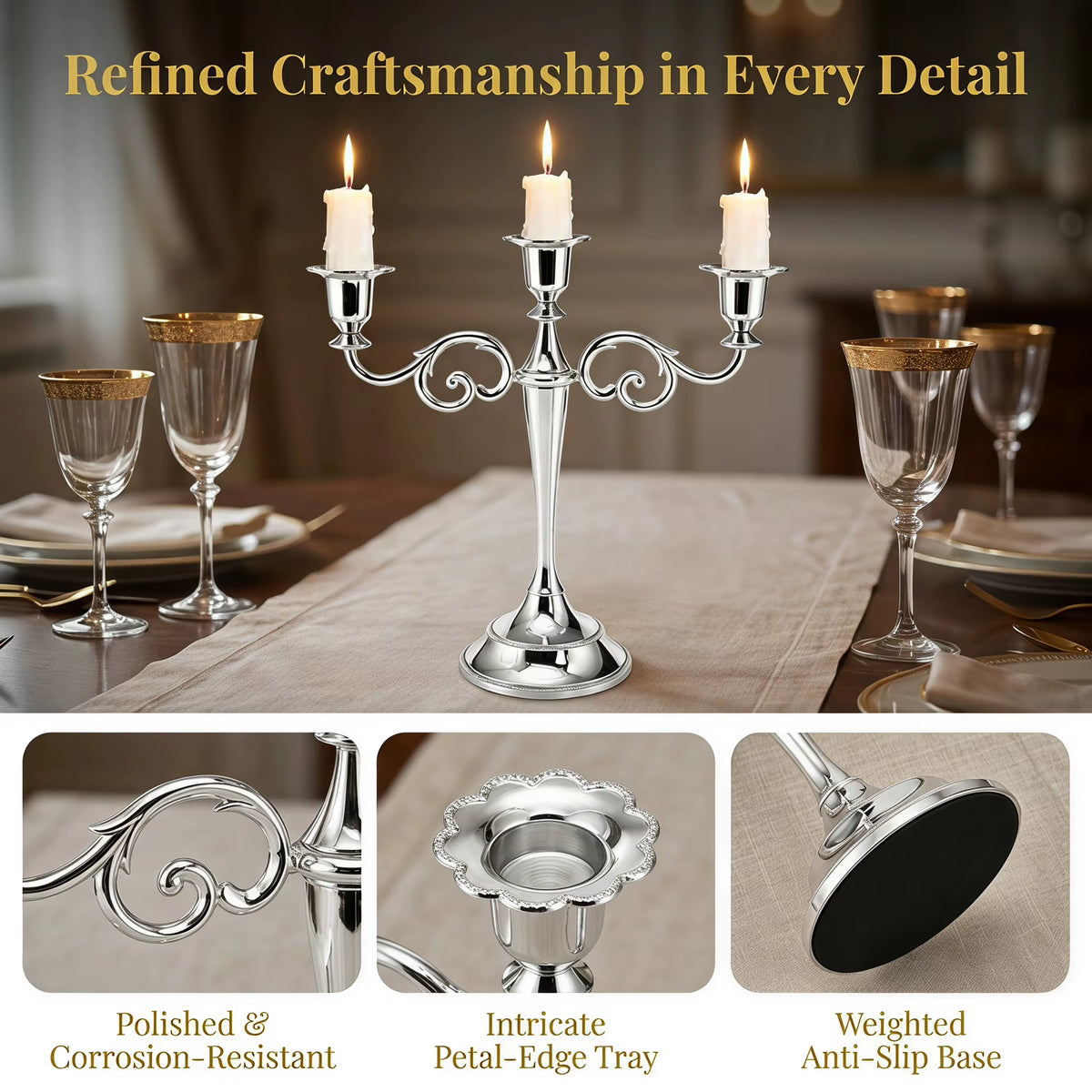 Vintage Scroll 3 Arms Candelabra Metal Taper Candle Stand Elegant Table Ornament for Banquet Holiday Wedding Reception Decor