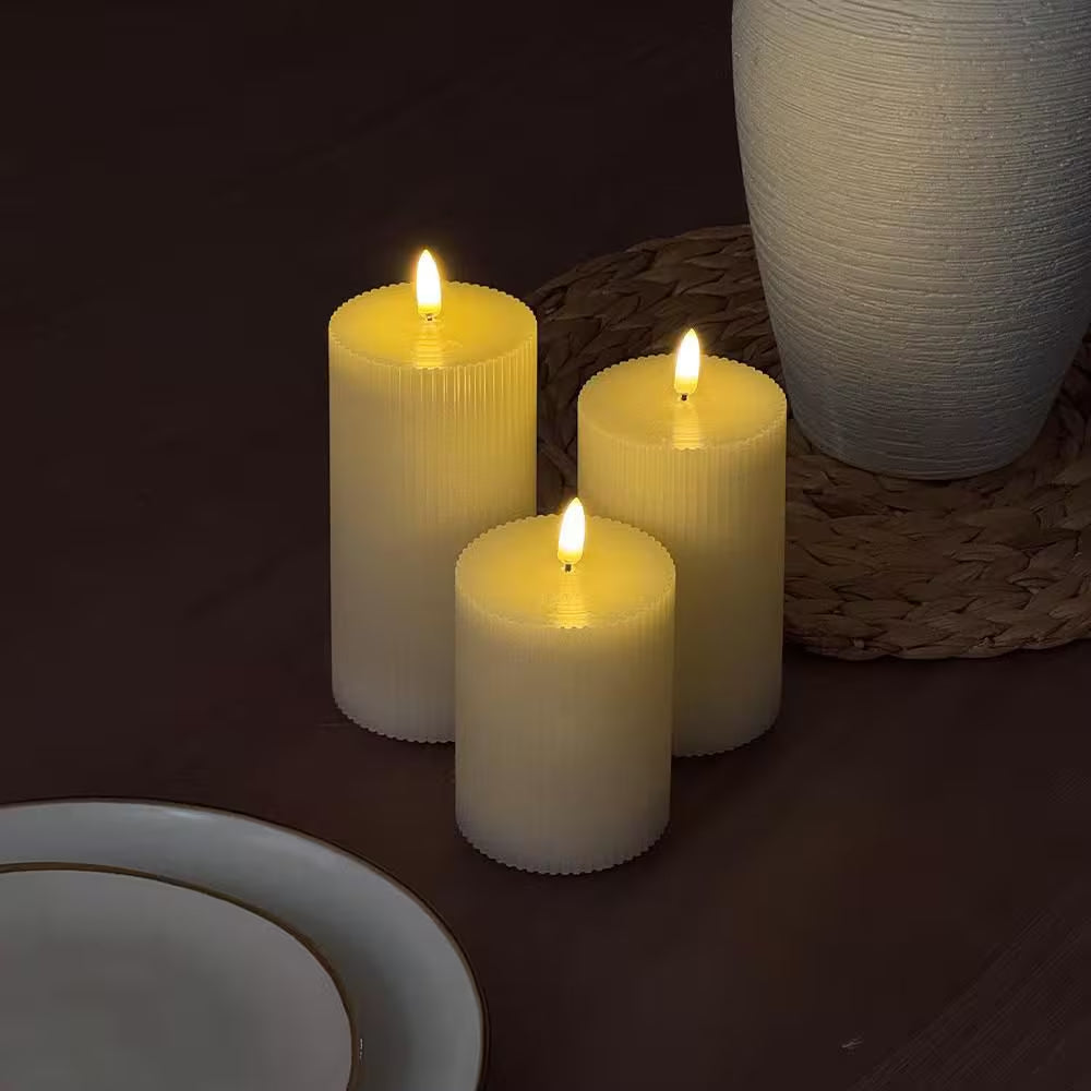 {5/6/7} In. X 3In. White Real Wax Lantern with LED Candle with Remote Control Timer and Dimmable Light (3-Pack)