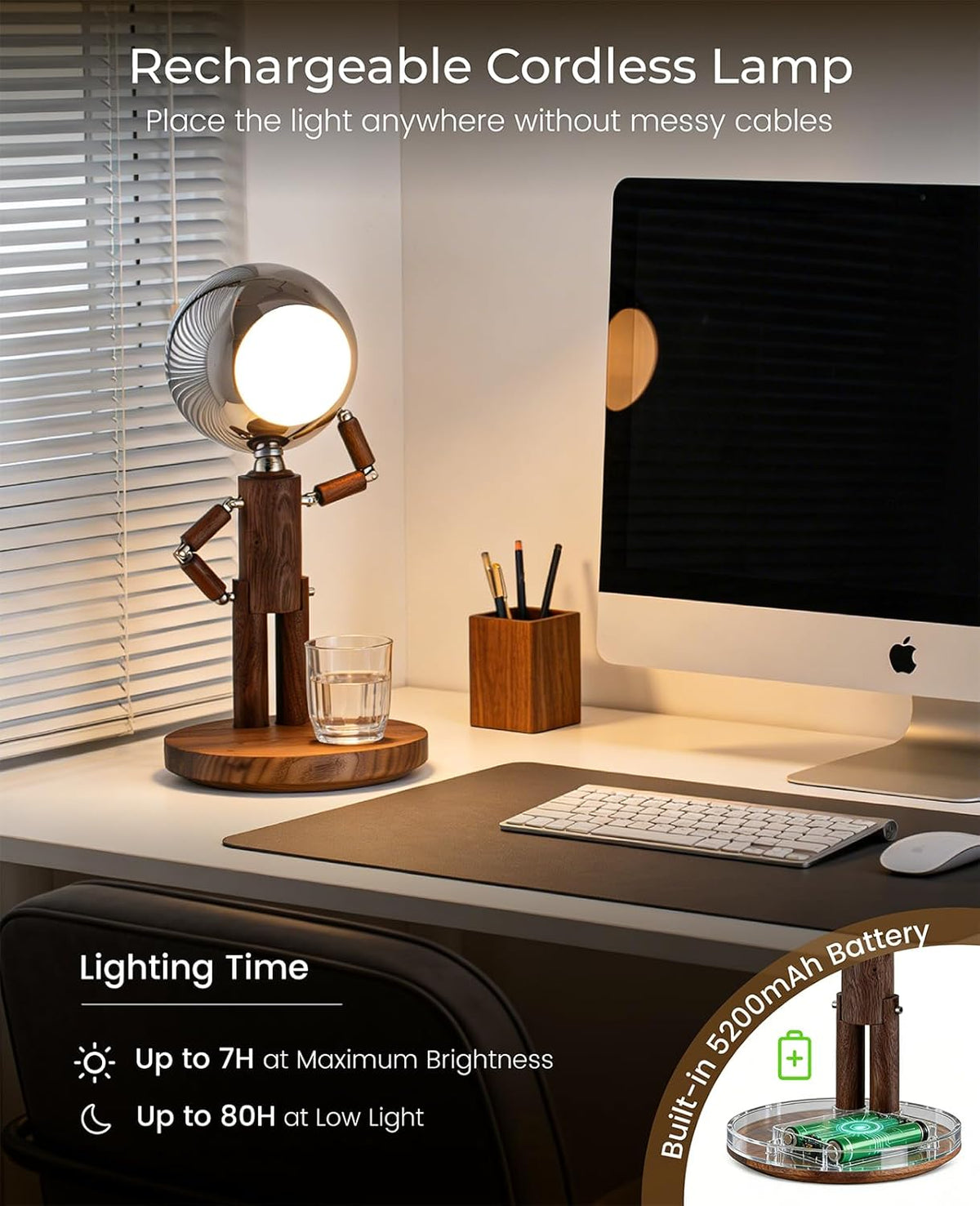 Cordless Table Lamp, Rechargeable Wooden Desk Lamp, Dimmable, Gift