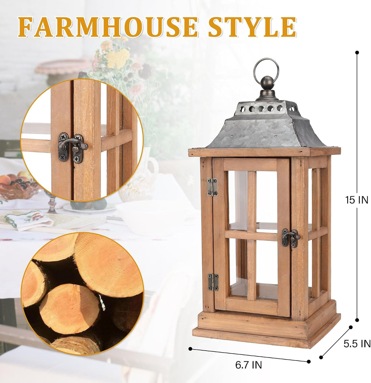 15 Inch Outdoor Decorative Lanterns, Set of 2 Wooden Candle Lanterns