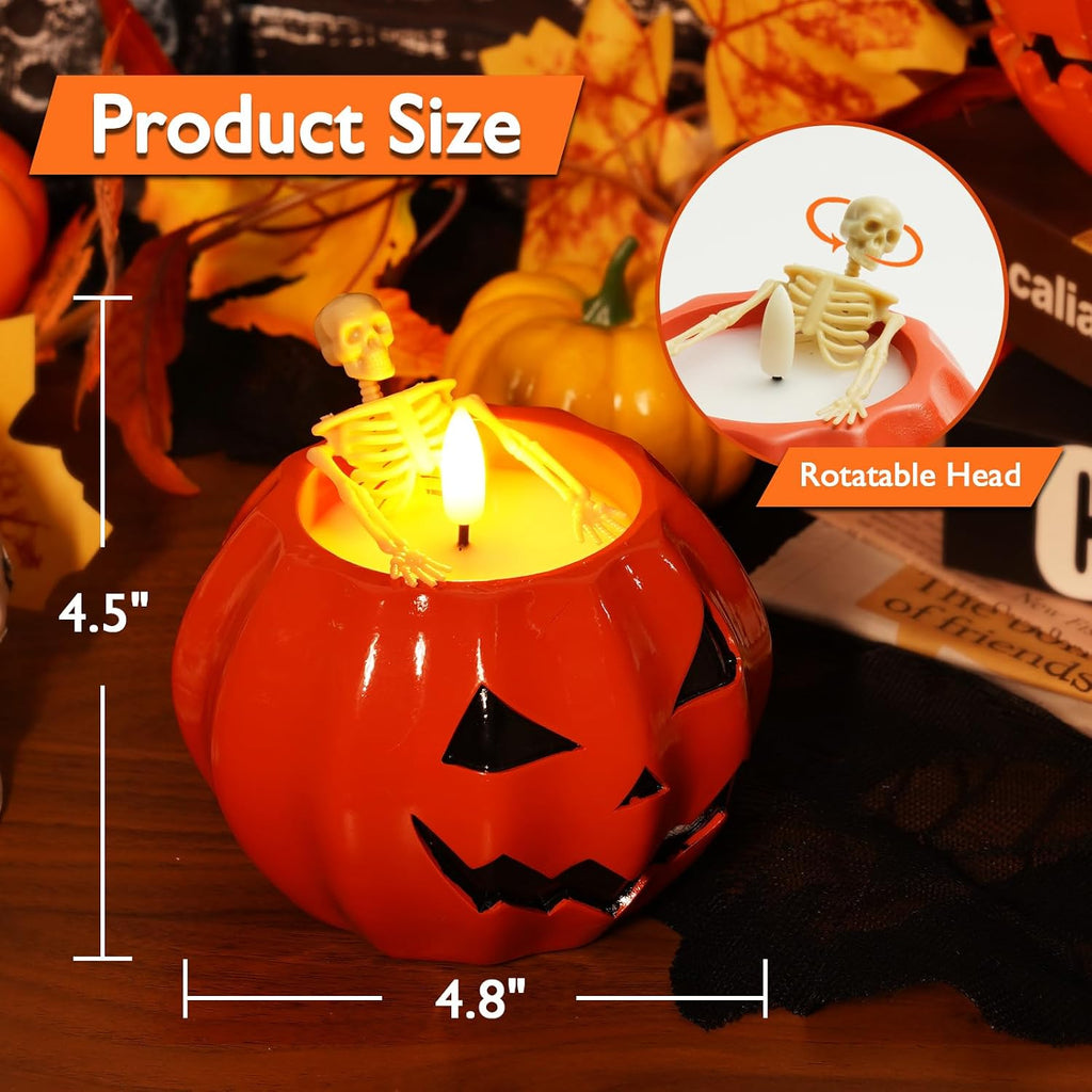 Halloween Flameless Pumpkin Candles, 2Pcs LED Real Wax Pumpkin Lamp with Skeleton, Flickering Battery Operated Candles with Remote for Halloween Decor, Theme Party, Holiday Gift, Orange