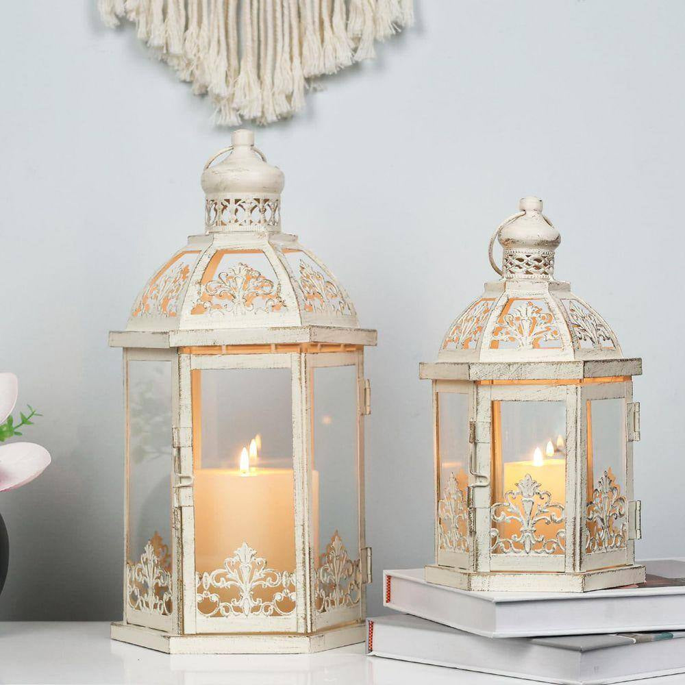 15.5 In. and 11.2 In. H Beige Metal Lanterns Candle Holder Decorative Outdoor and Indoor Lantern Decor with Glass
