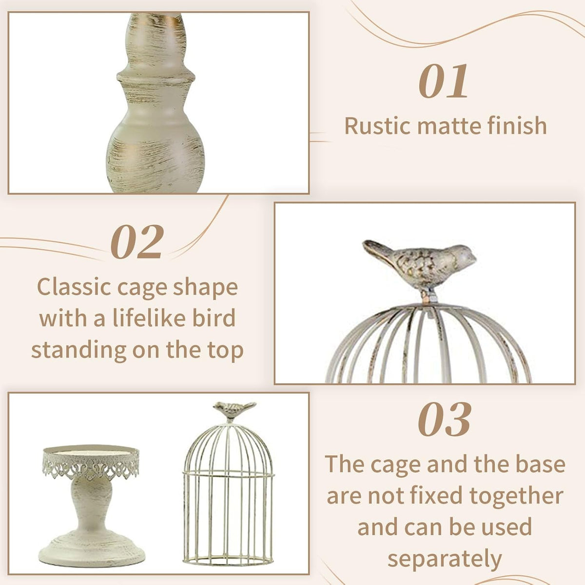 Birdcage Candle Holders Decorative Set of 2，Distressed Ivory