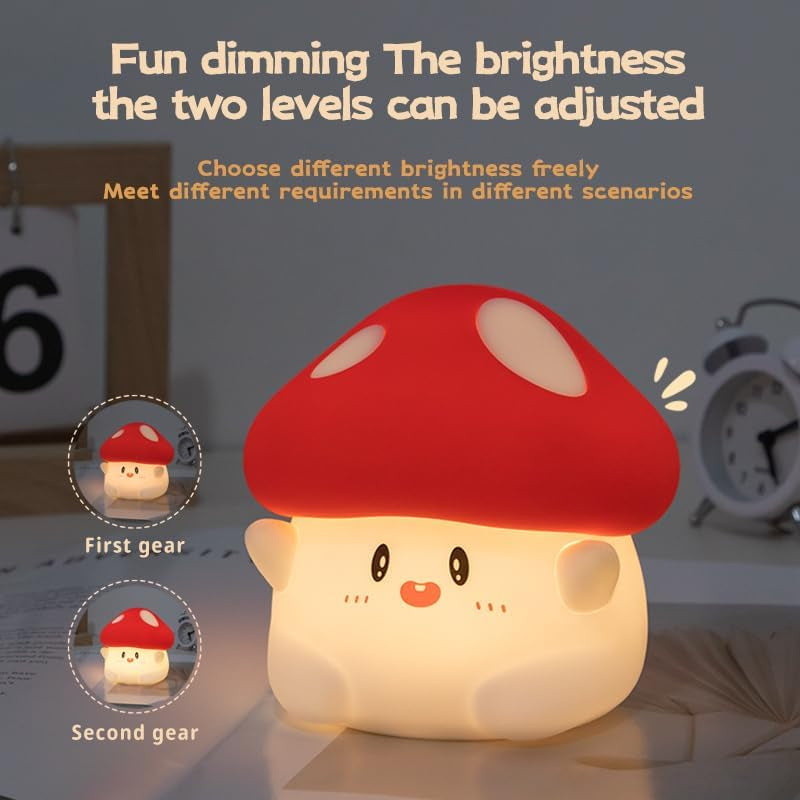 Mushroom Silicone Night Light for Kids - Squishy LED Lamp with Soft Touch, USB Rechargeable & Long Battery - Cute Touch Control Mushroom Light for Kids Room Decor & Gifts