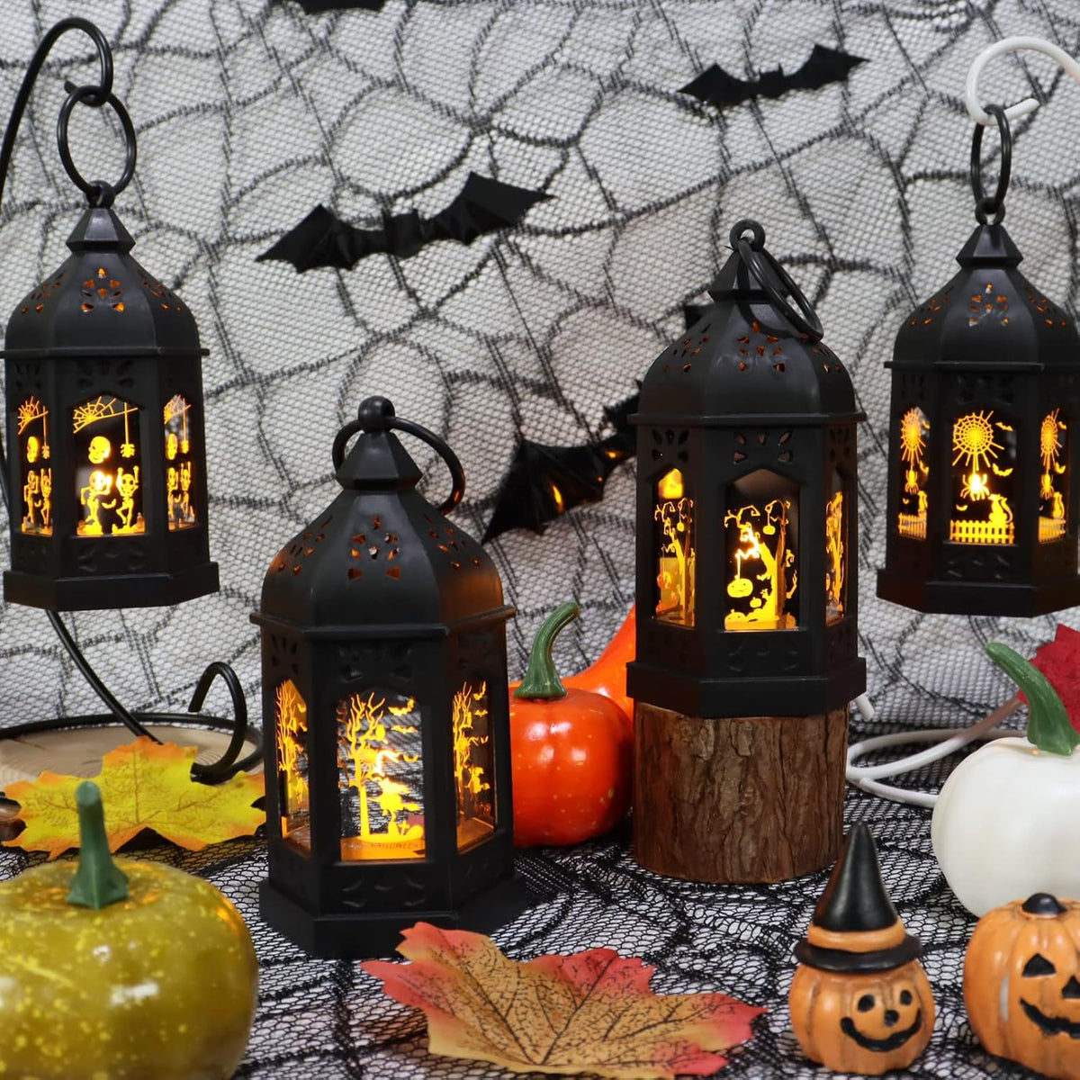 Halloween Mini Lantern for Centerpiece, 5"Small Jack O Lantern Lights with Mirror Glass for Halloween Decorations Indoor, Centerpiece Table Decoration, 8Pcs Hanging Candle Holder, Battery Included