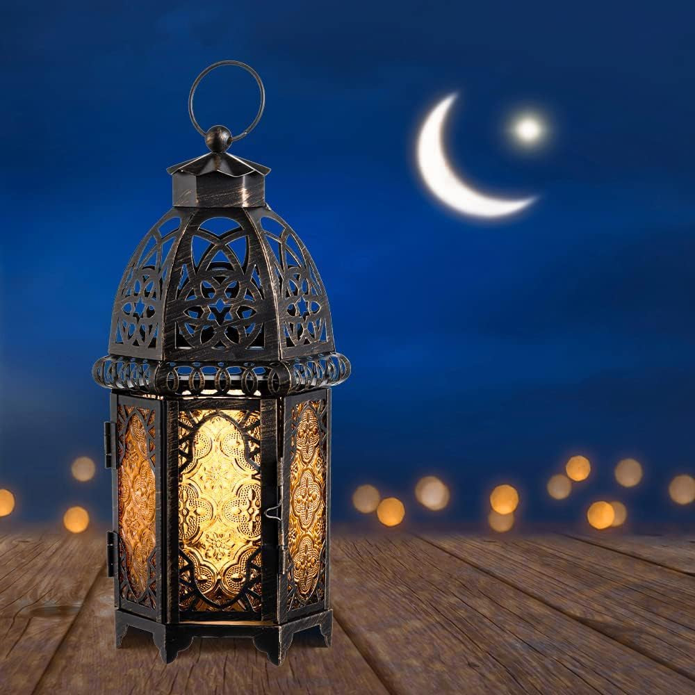 12.8'' Moroccan Lanterns Decorative Indoor & Outdoor, Vintage Christmas Candle Holder, Metal Lanterns Decorative, Table, Patio, Porch, Shelf, Christmas Spring Halloween Home Decor (Amber)