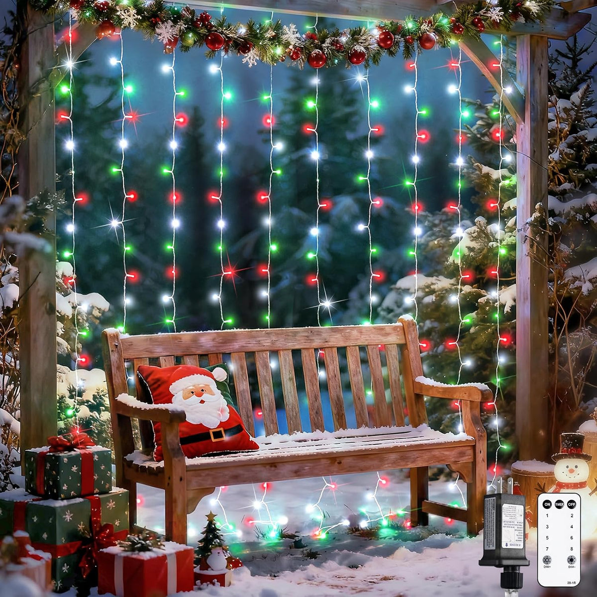300LED Red White and Green Christmas Curtain Lights with Remote