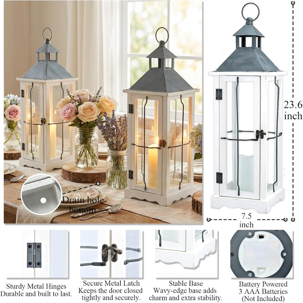 26 Inch White Wooden Decorative Lanterns with LED Candles Set of 2