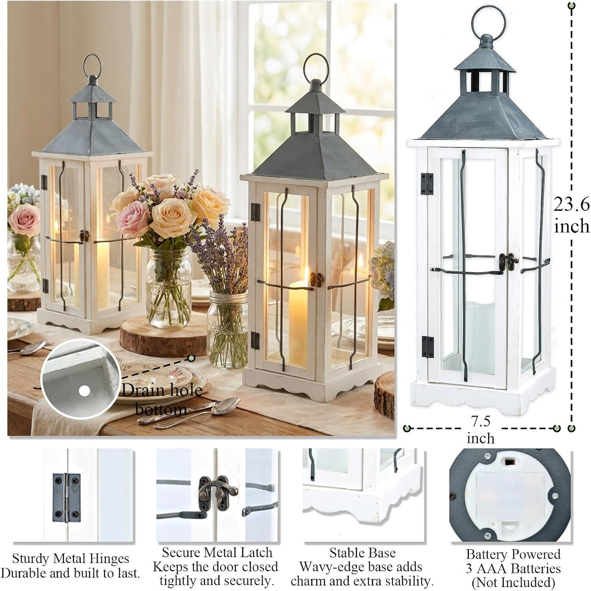 26 Inch White Wooden Decorative Lanterns with LED Candles Set of 2