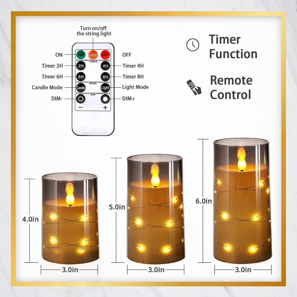 Flickering Flameless Candles: Built-In Star String Lights 3D Wick Acrylic Battery Operated LED Pillar Candles with Remote and Timer for Fall Halloween Christmas Home Decoration - 3 Pack Gray