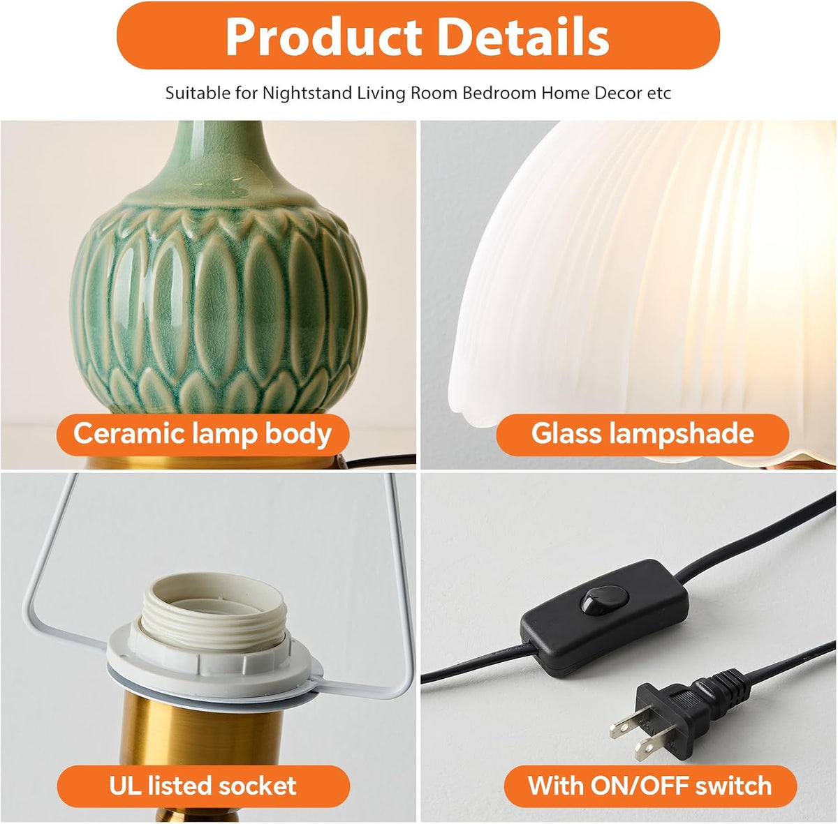 Ceramic Table Lamp, Modern Bedside Lamps Green Mid Century Vintage Desk Lamp Retro Glass Mushroom Traditional Lamp for Nightstand Living Room Bedroom Home Decor (S03GN-1PACK)