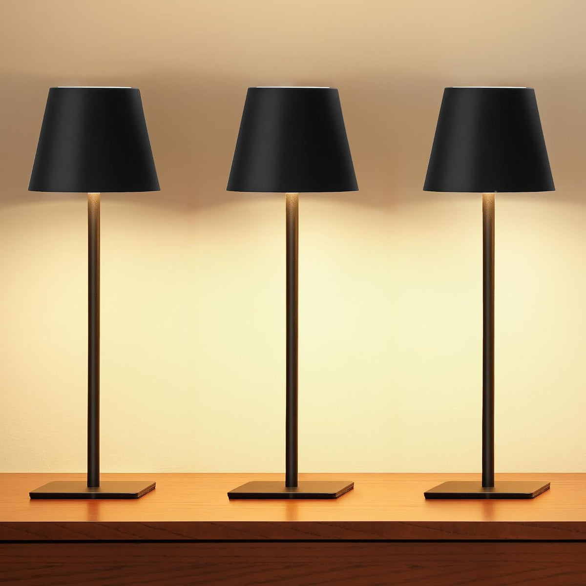 3 Pack Cordless Table Lamp, Battery Operated Lamp - Portable Waterproof Rechargeable Table Lamp W/ 3 Color Temps & Stepless Dimming for Dinner, Desk, Cafe, Outdoor (Black)