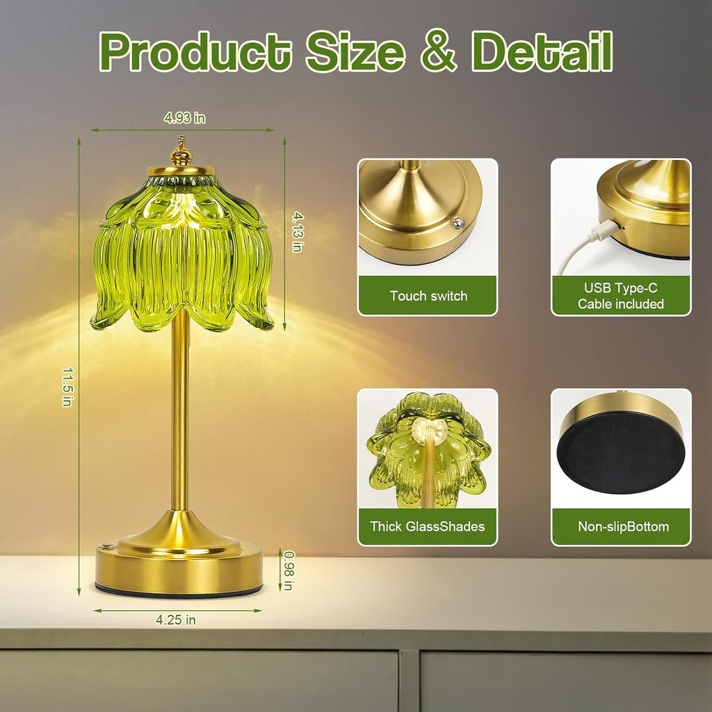 Cordless Table Lamp, Rechargeable Green Glass Lotus Flower Lamp