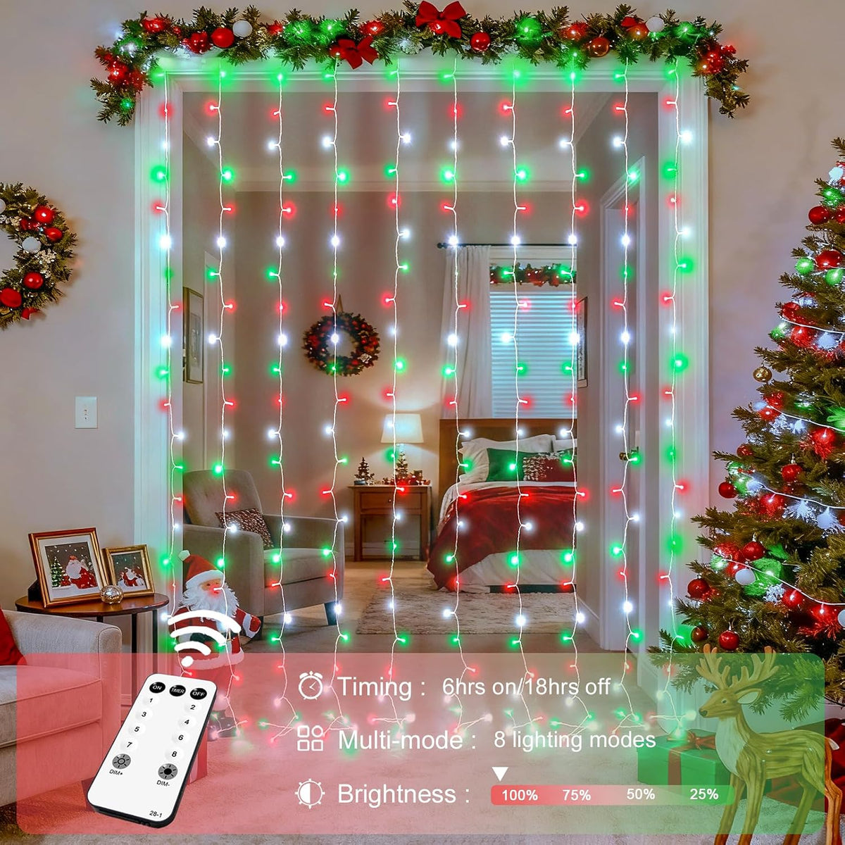 300LED Red White and Green Christmas Curtain Lights with Remote